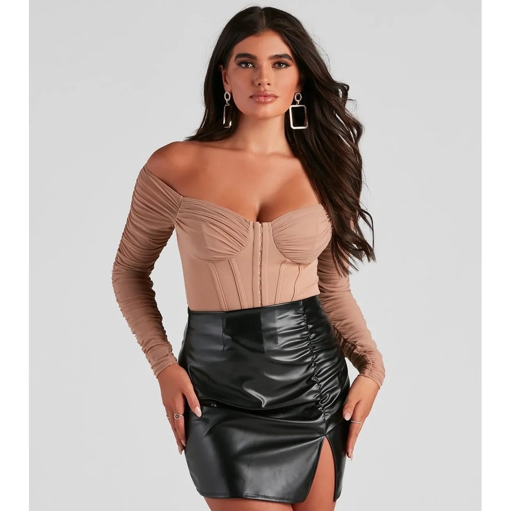 Windsor Tan Mesh Ruched Off Shoulder Corset Top Long Sleeve Hook Eye Small